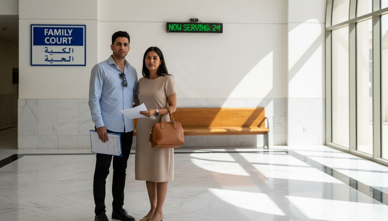 Couple waiting in UAE family court lobby