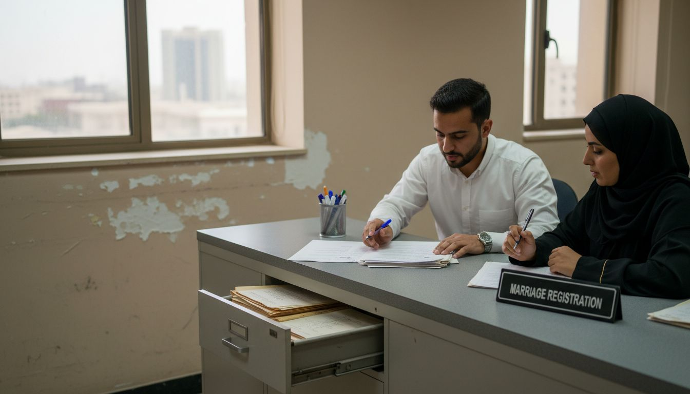 Clerk and couple completing UAE marriage forms
