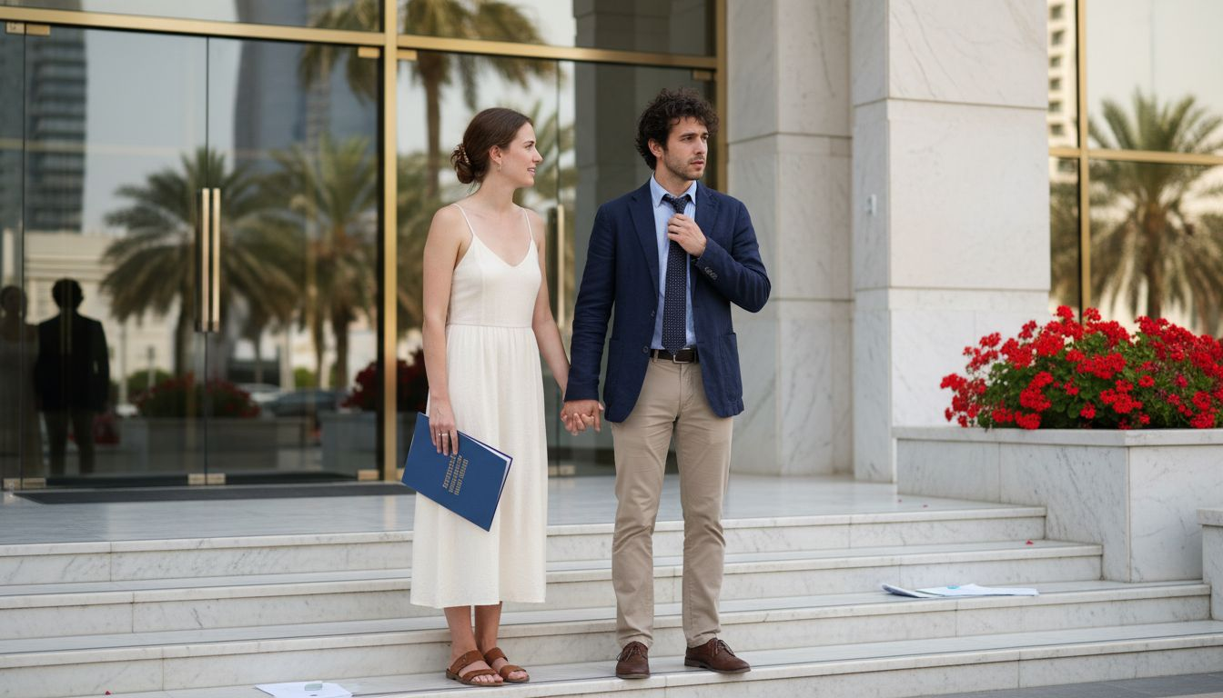 Expat couple outside UAE marriage office