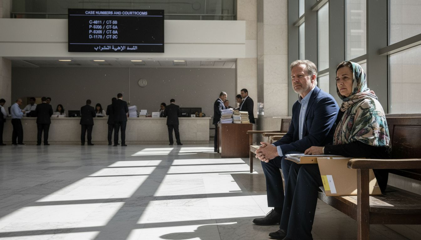 Expat couple in UAE court lobby with documents