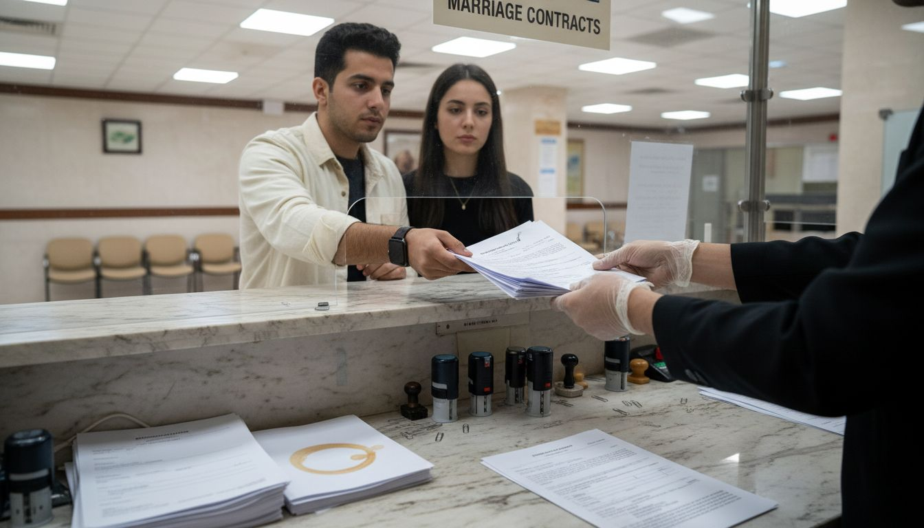 Couple submitting marriage documents at court counter