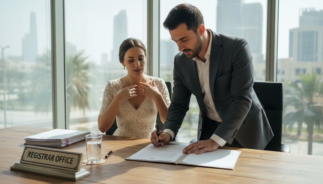 Couple signing UAE marriage documents