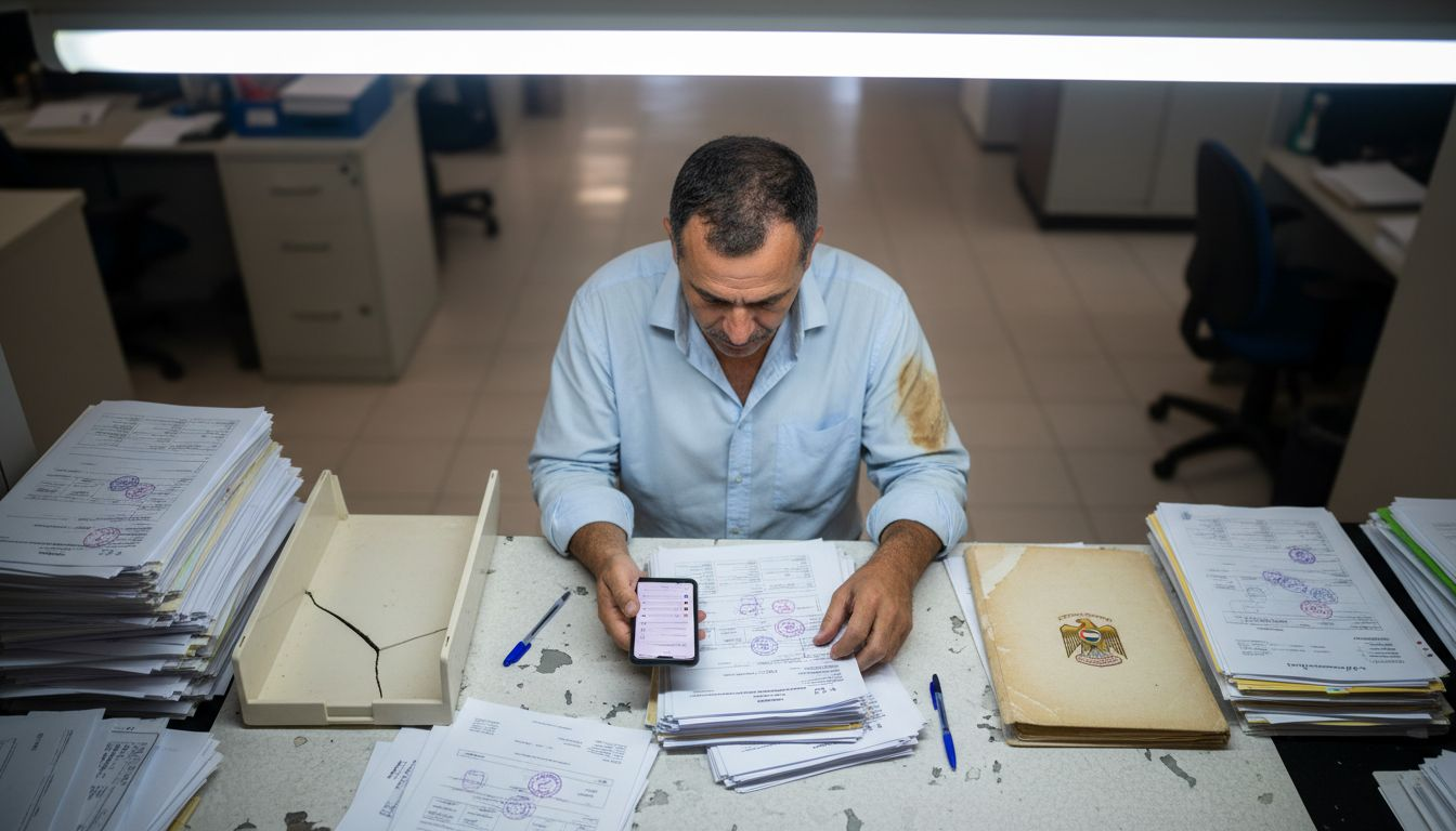 Expat organizing marriage documents at UAE office