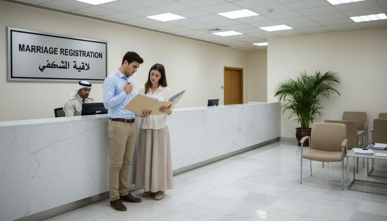 Expat couple at UAE marriage registration office