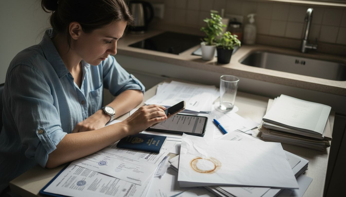 Expat woman preparing marriage documents at home