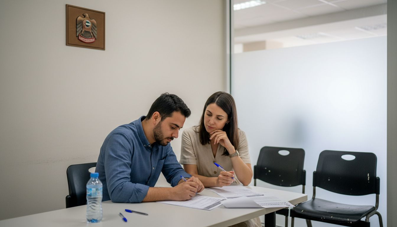 Expat couple filling marriage forms in UAE office