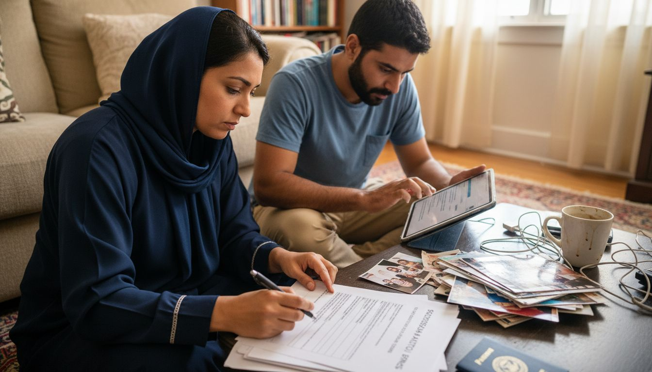 Expat couple reviewing UAE sponsorship paperwork
