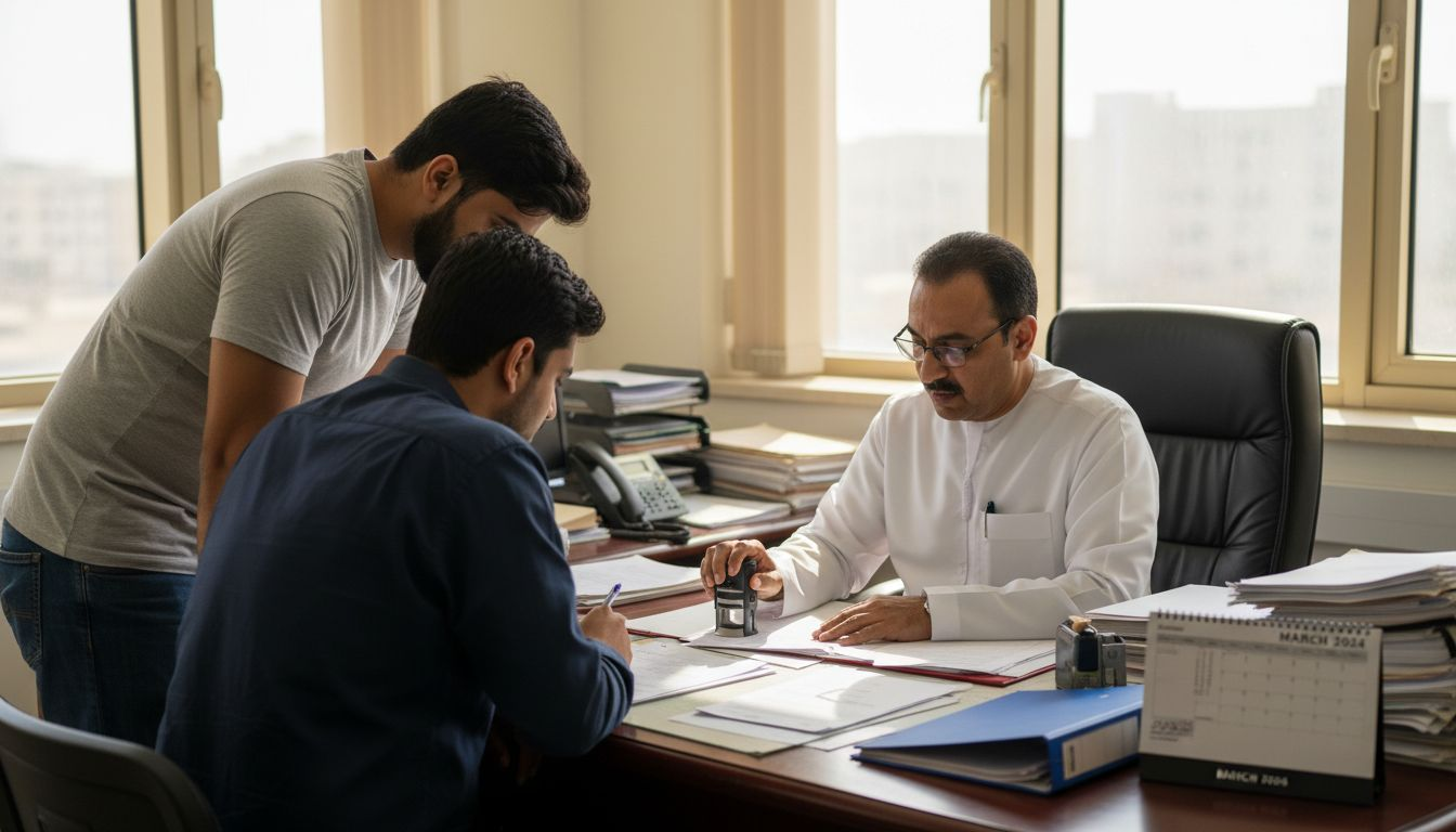 Marriage registrar stamping documents with couple