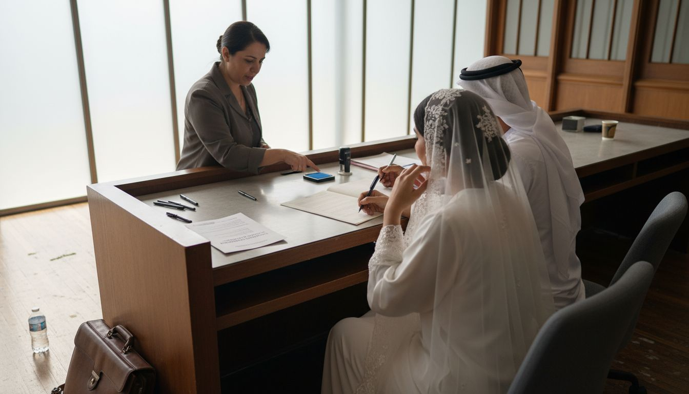 Couple signing marriage certificate with registrar