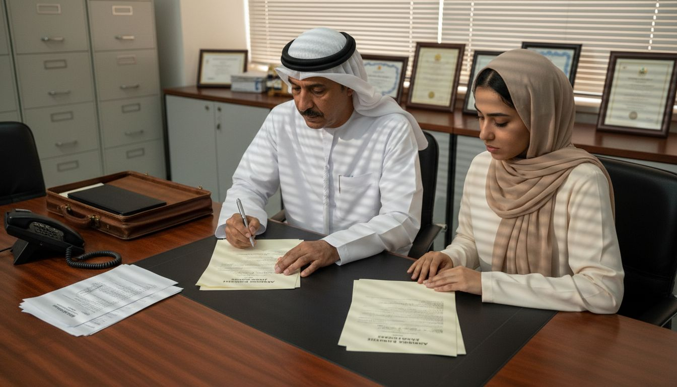 Couple signing marriage documents at UAE office