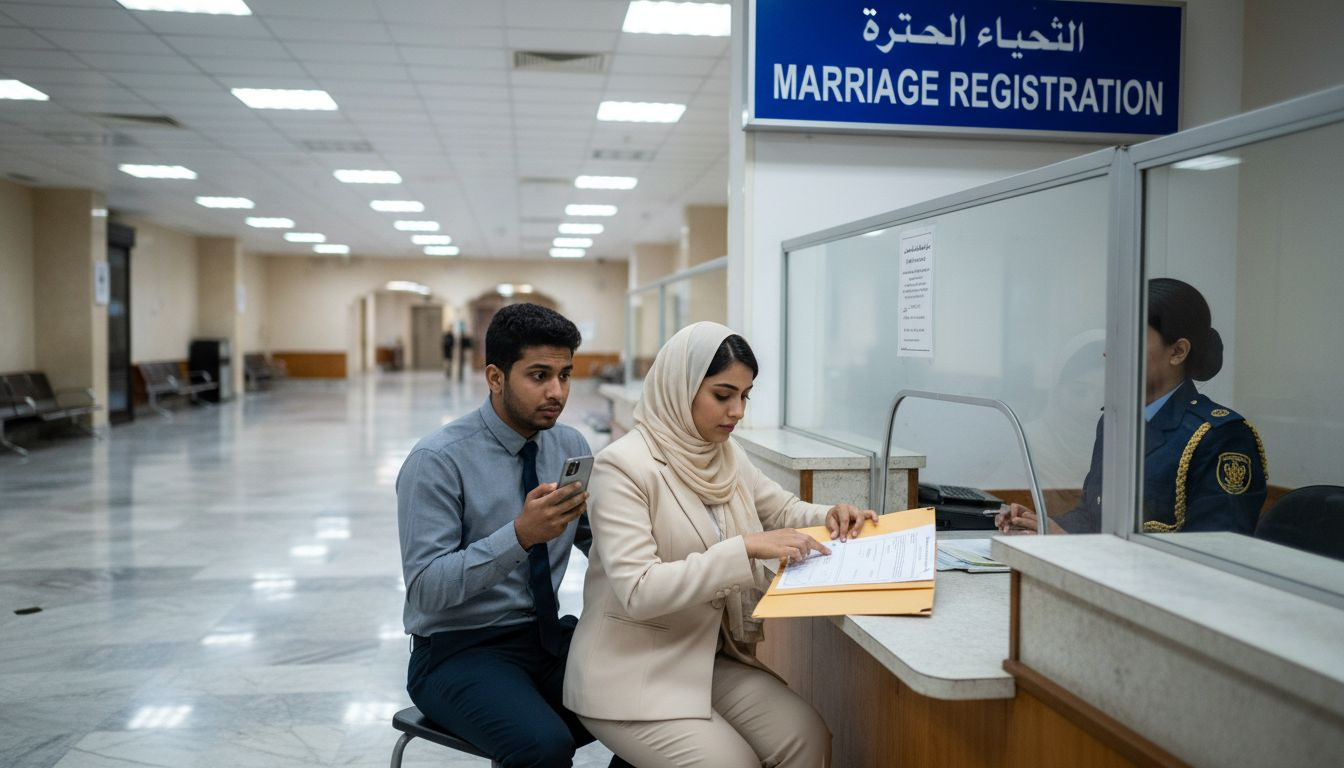 Couple at UAE marriage registration counter