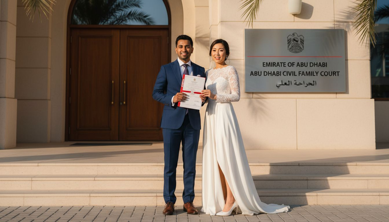 Couple outside Abu Dhabi court holding documents