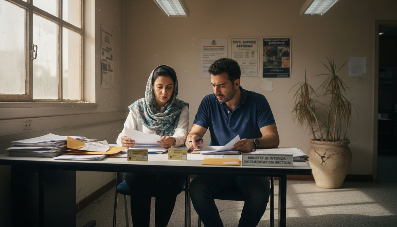 Couple reviewing legal marriage documents at UAE office