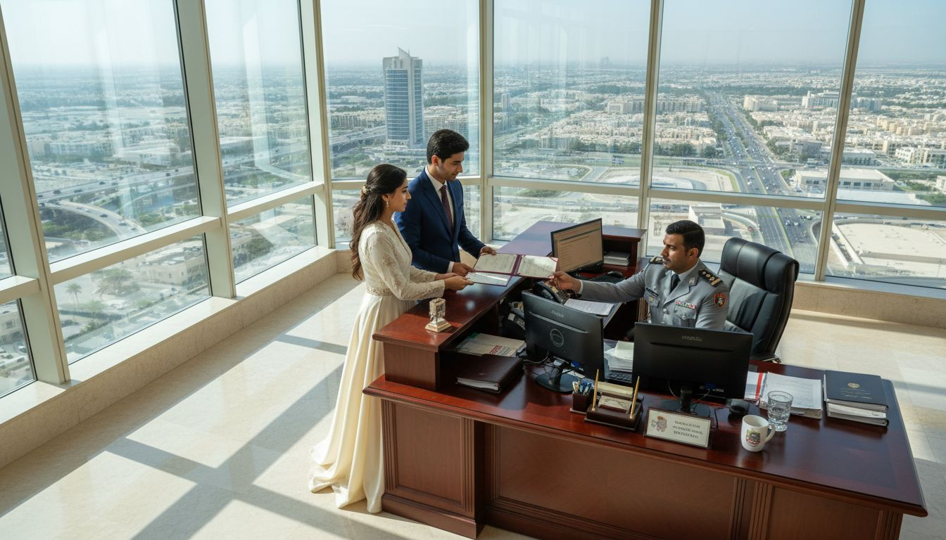 Couple submitting marriage documents in UAE office