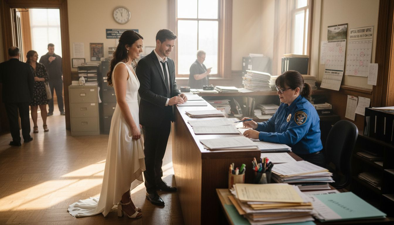 Couple submitting marriage paperwork in UAE office
