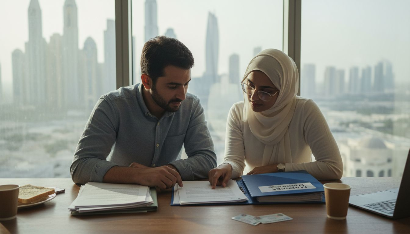 Expat couple reviewing UAE marriage documents