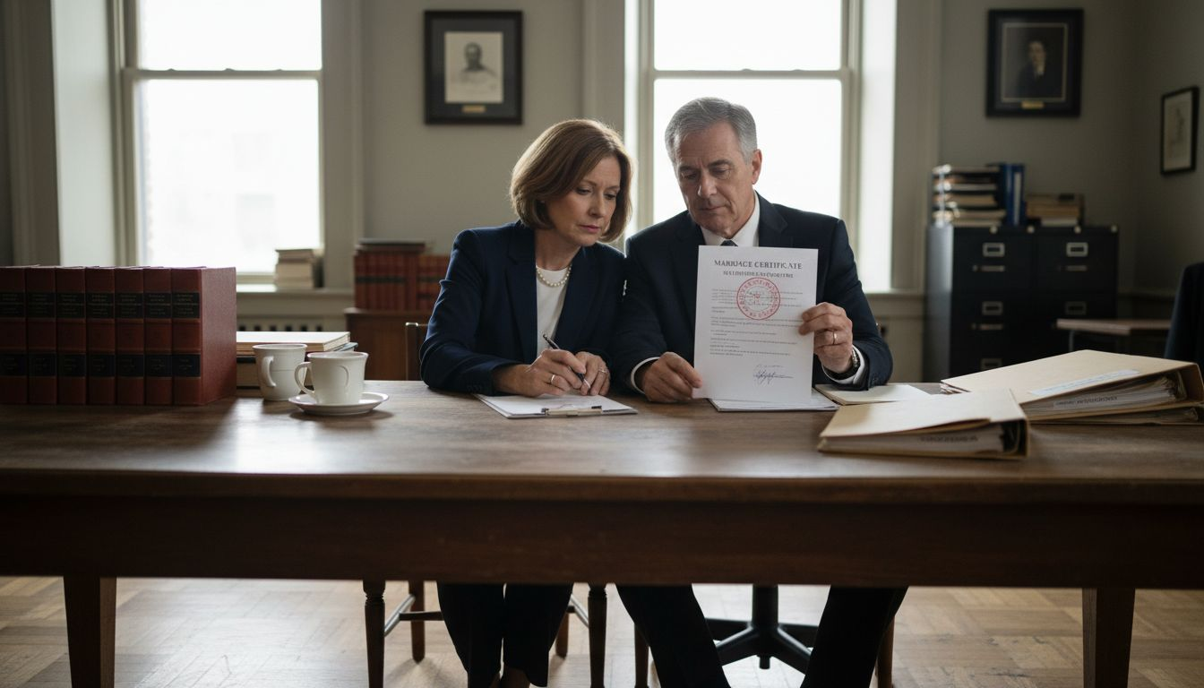 Couple reviewing UAE marriage documents in office