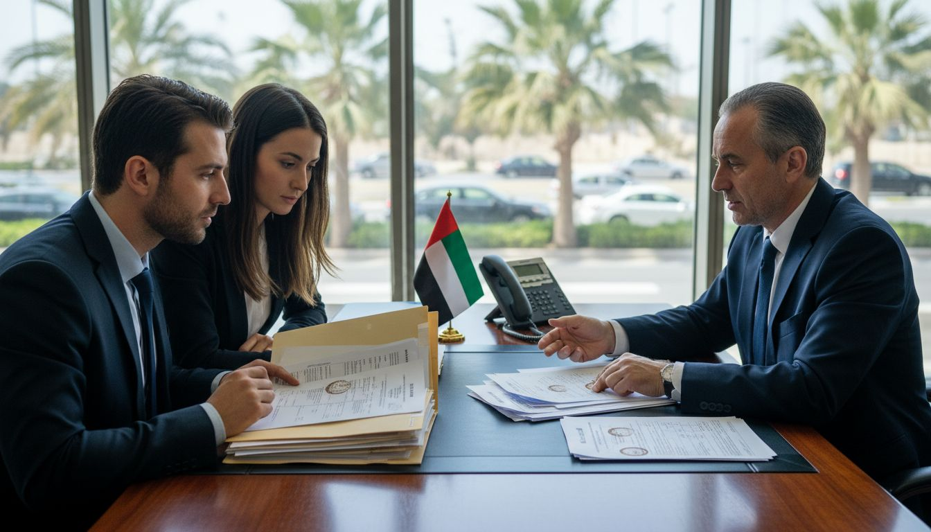 Couple consulting embassy officer in UAE