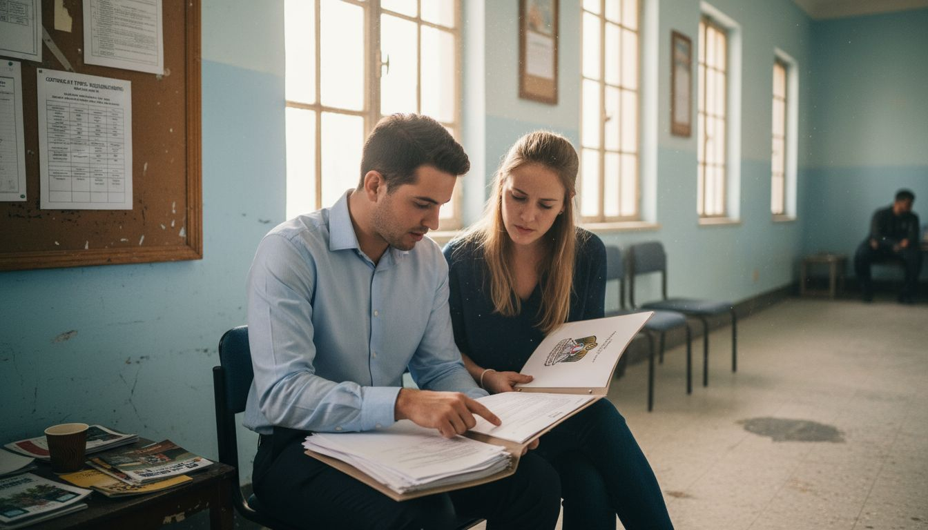 Expat couple reviewing marriage certificate forms