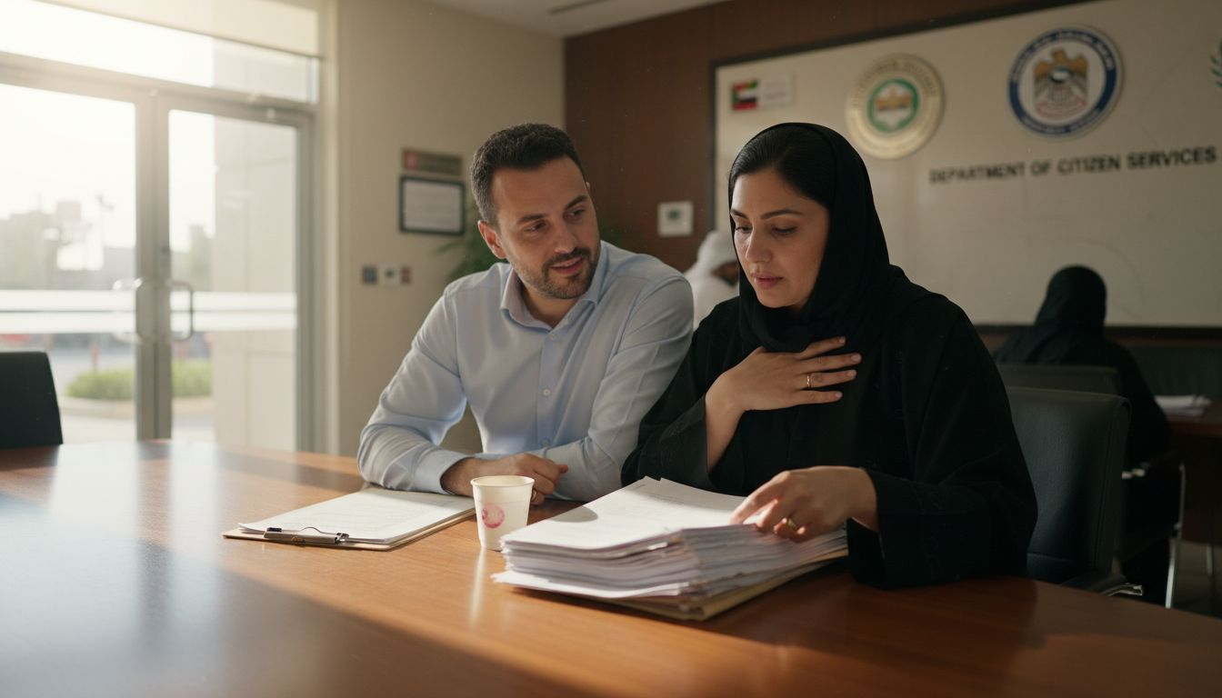 Couple reviewing marriage documents in UAE office