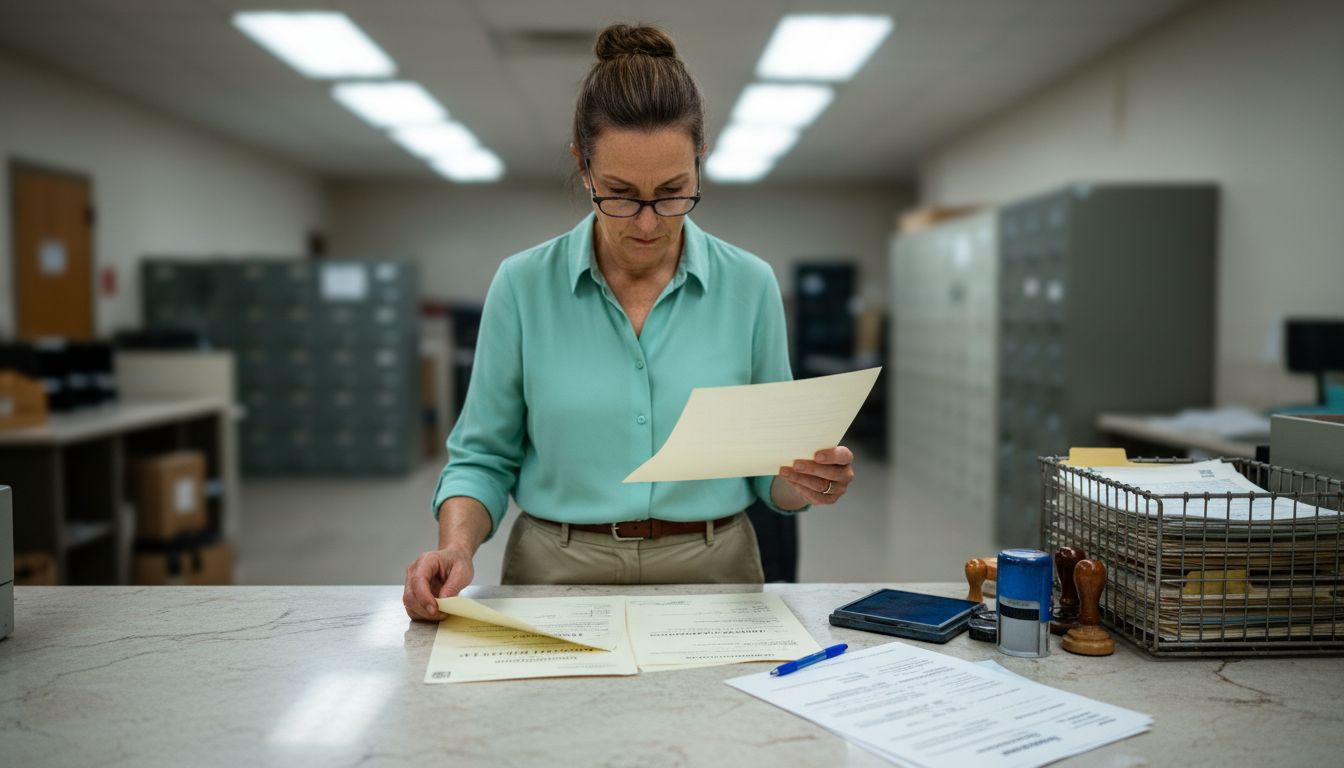 Clerk attesting marriage certificates at counter