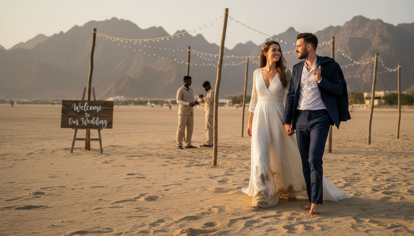Expat wedding couple at sunset on Ras Al Khaimah beach