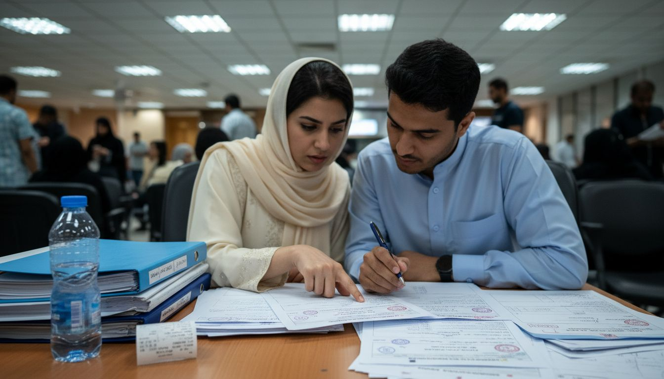 Emirati couple checking UAE marriage certificate paperwork