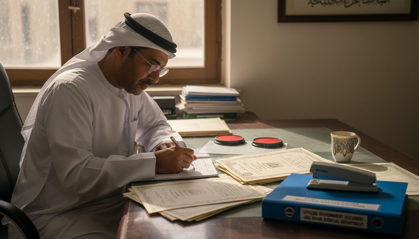 Cleric reviewing marriage certificates at Sharia court