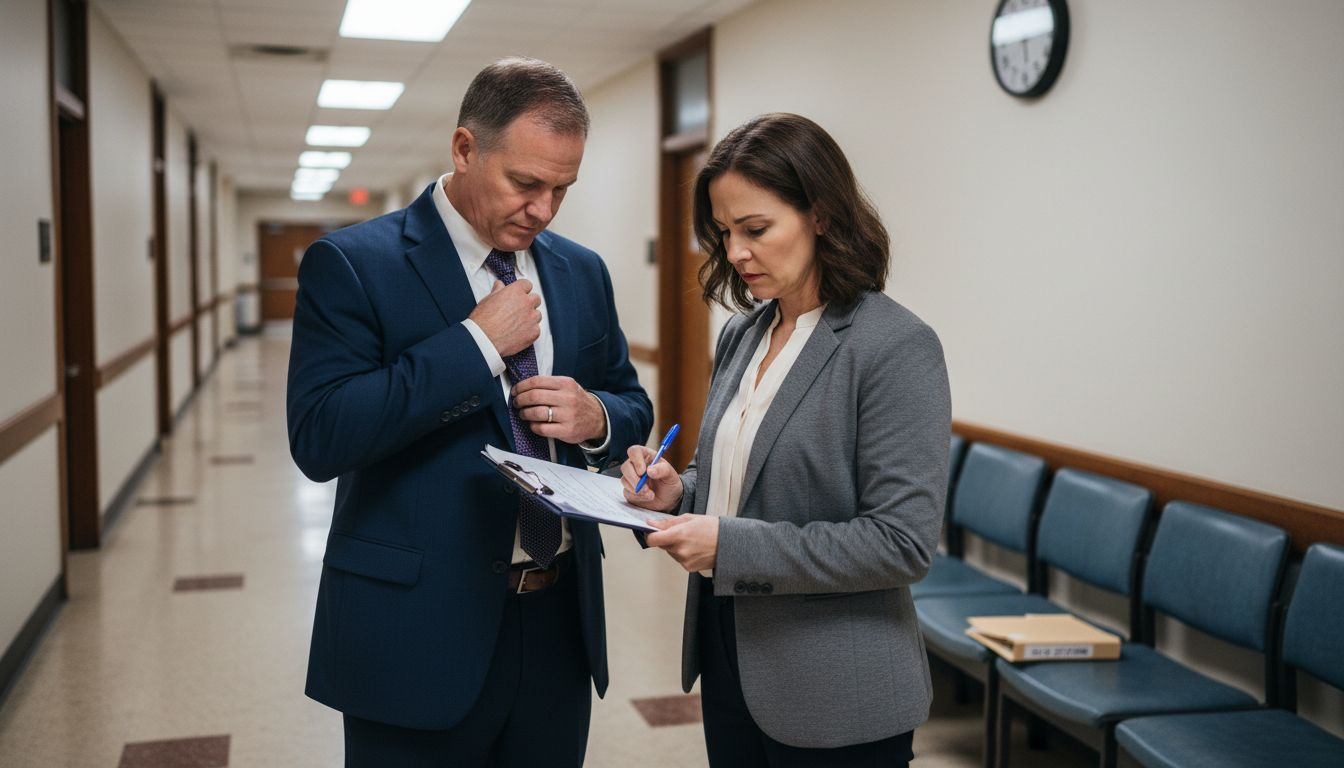Marriage witnesses discuss responsibility in hallway