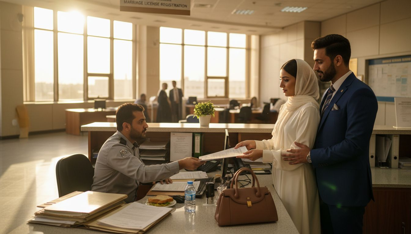 Couple submitting marriage registration in UAE office