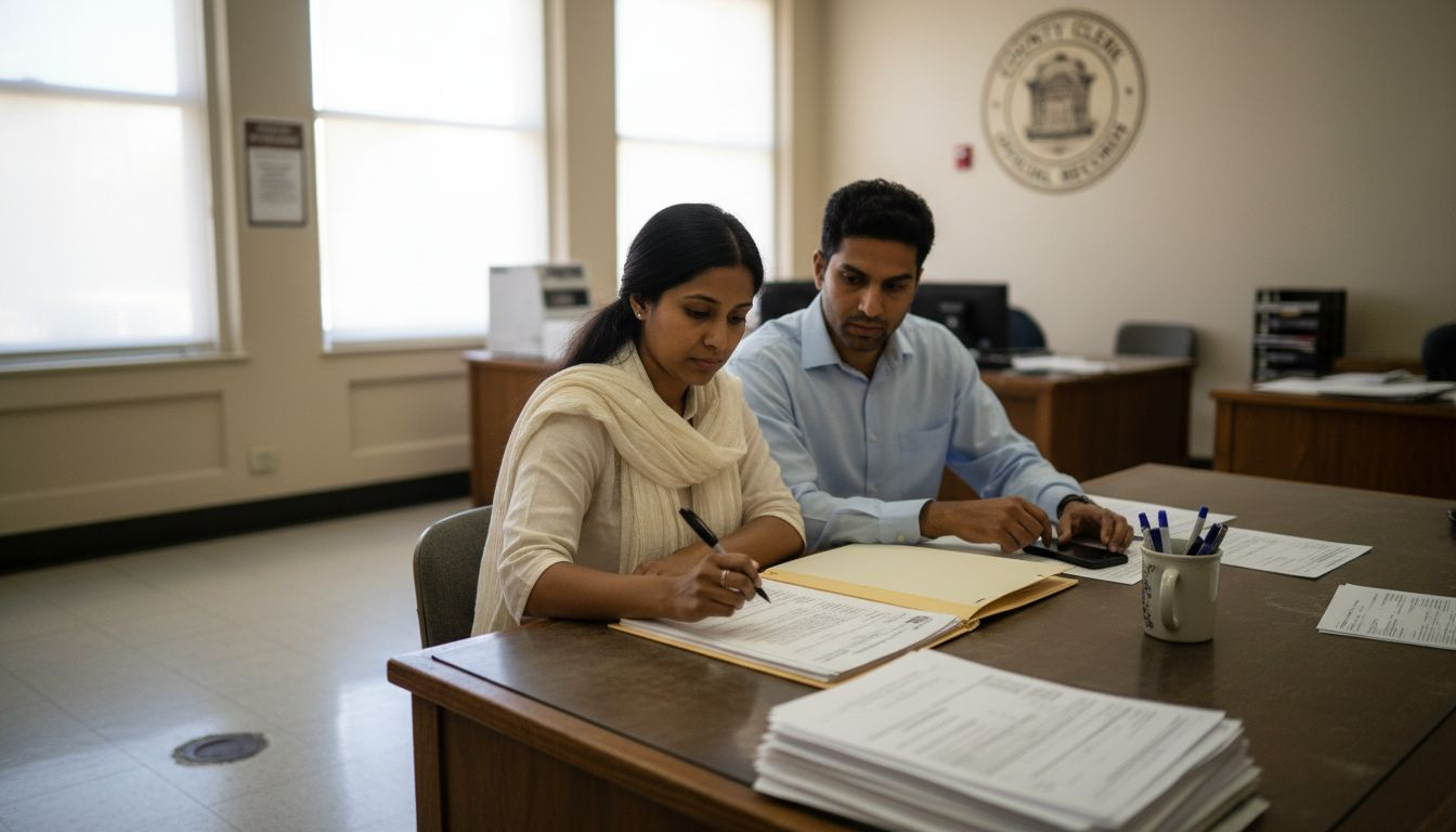 Expat couple reviews documents in UAE registry