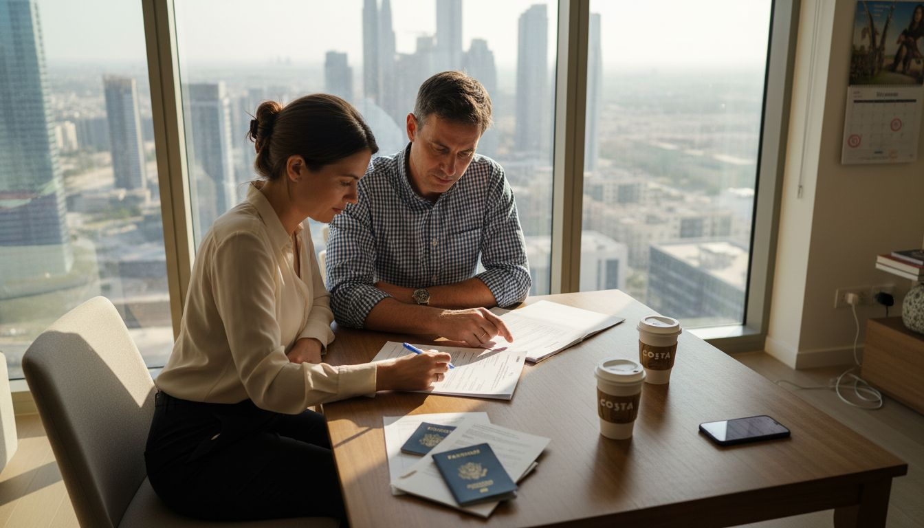 Expat couple preparing UAE marriage paperwork