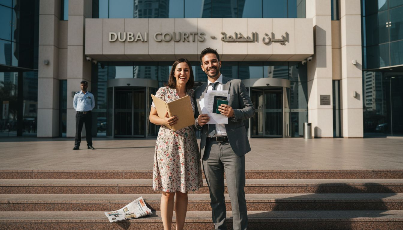 Expat couple holding marriage documents outside Dubai courthouse