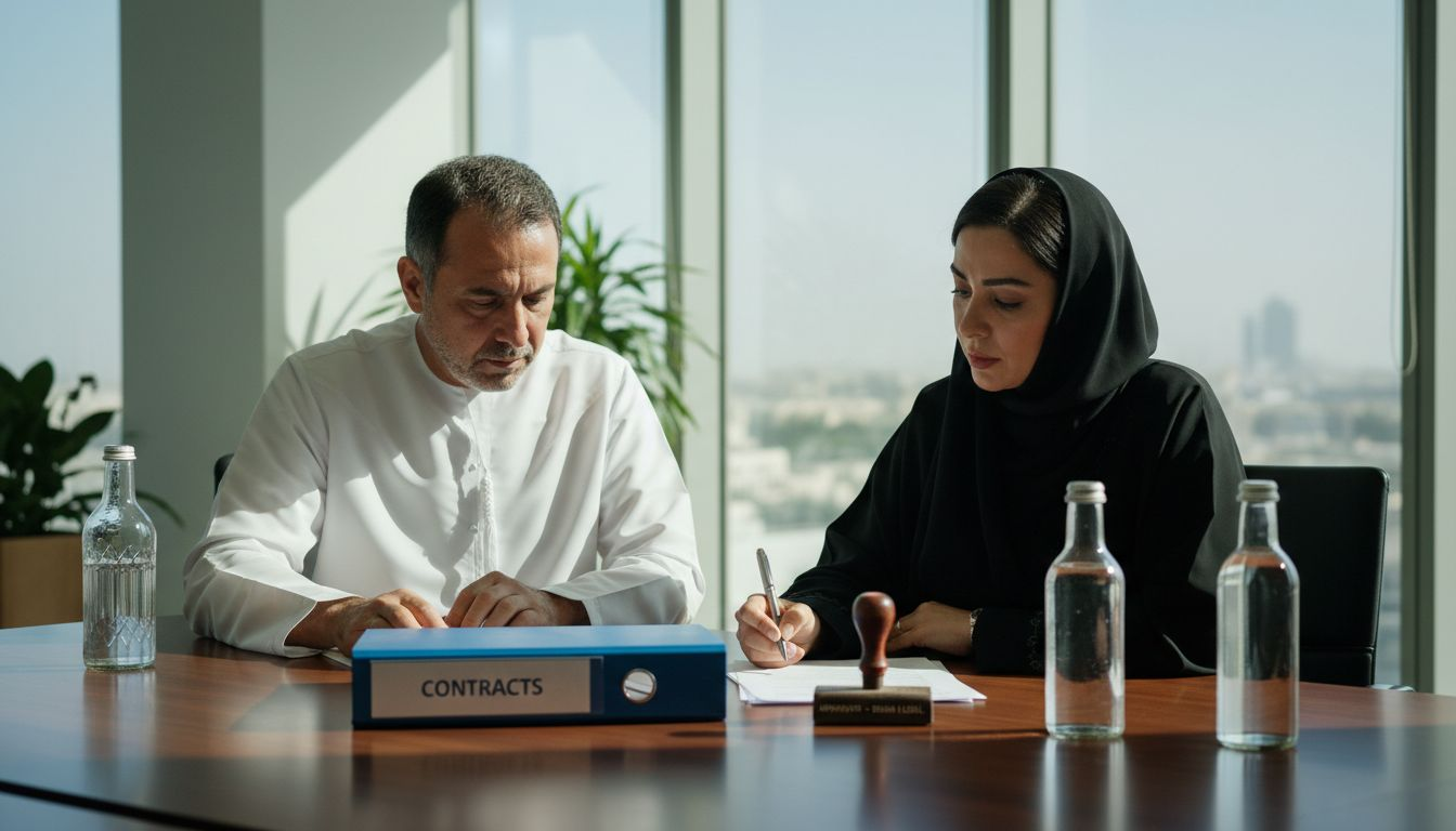 Emirati couple signing Sharia marriage documents