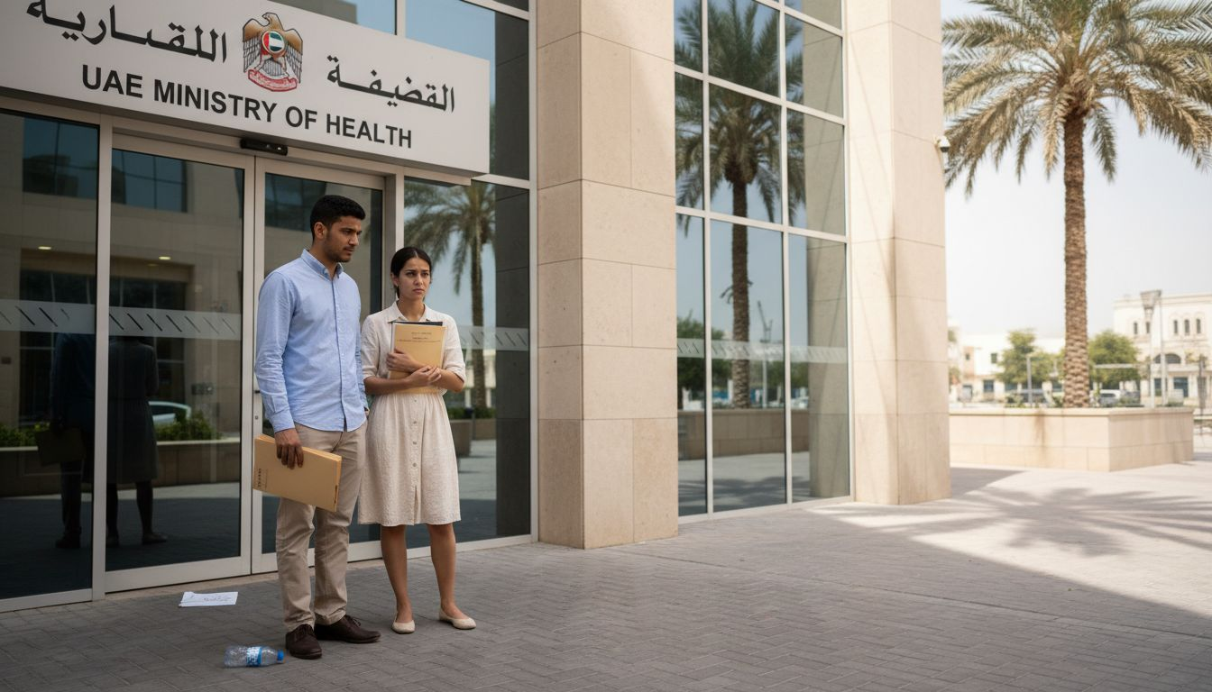 Couple entering UAE health clinic for medical test