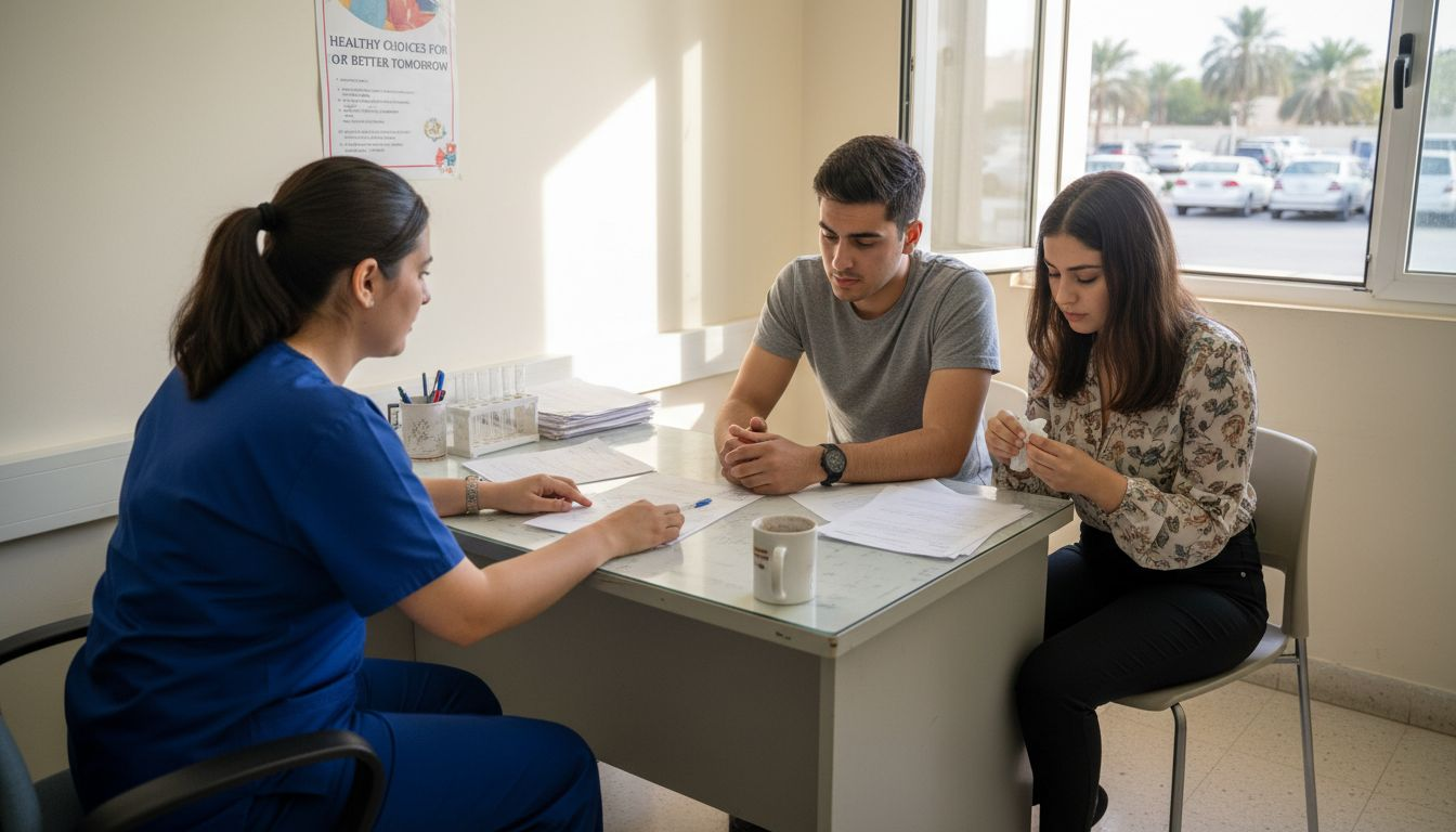 Nurse explains blood test to engaged couple