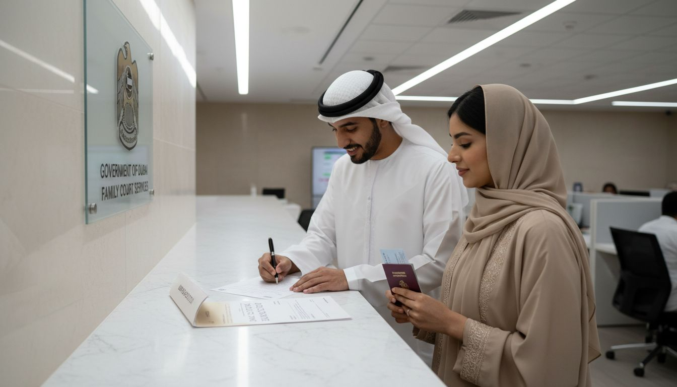 Couple filling marriage registration at UAE office