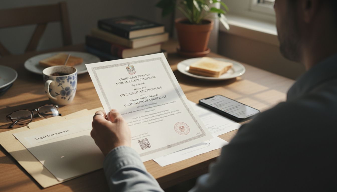 UAE civil marriage certificate example on table