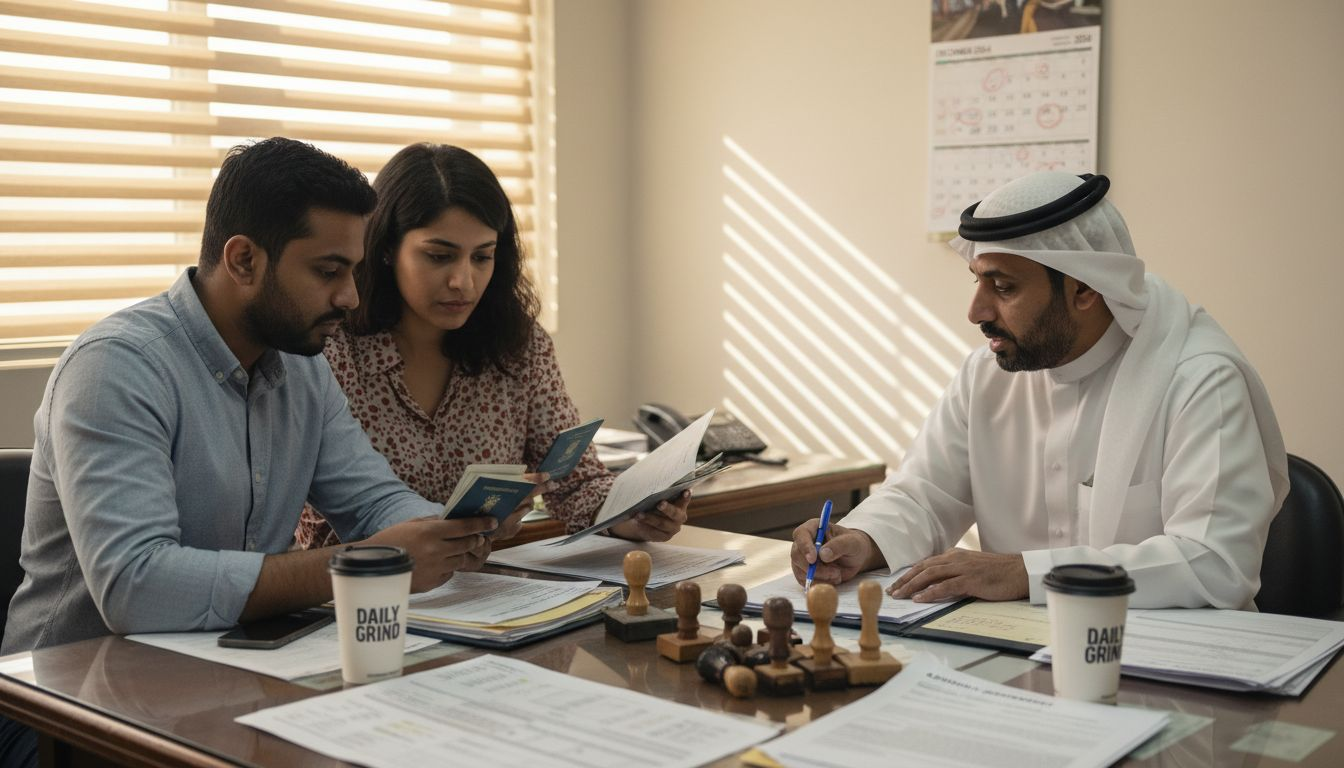 Expat couple reviewing marriage documents with clerk