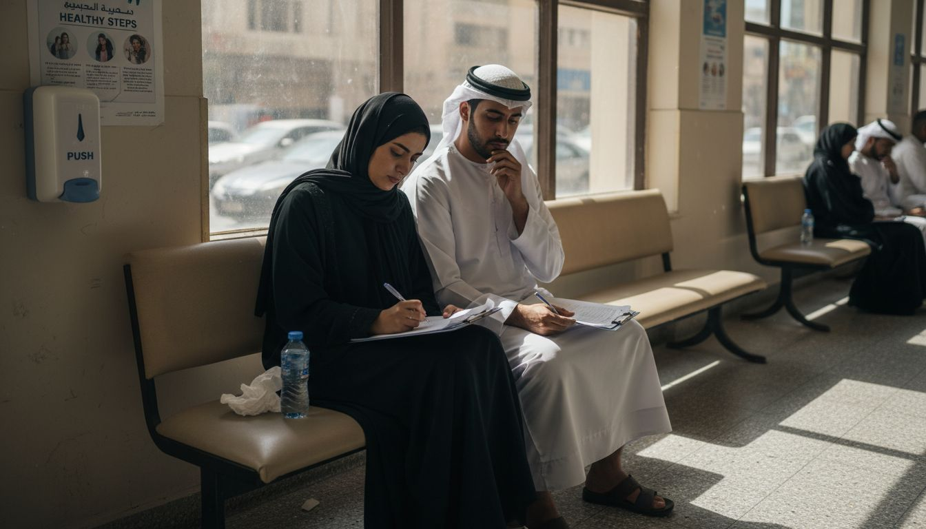 Emirati couple filling medical forms in clinic