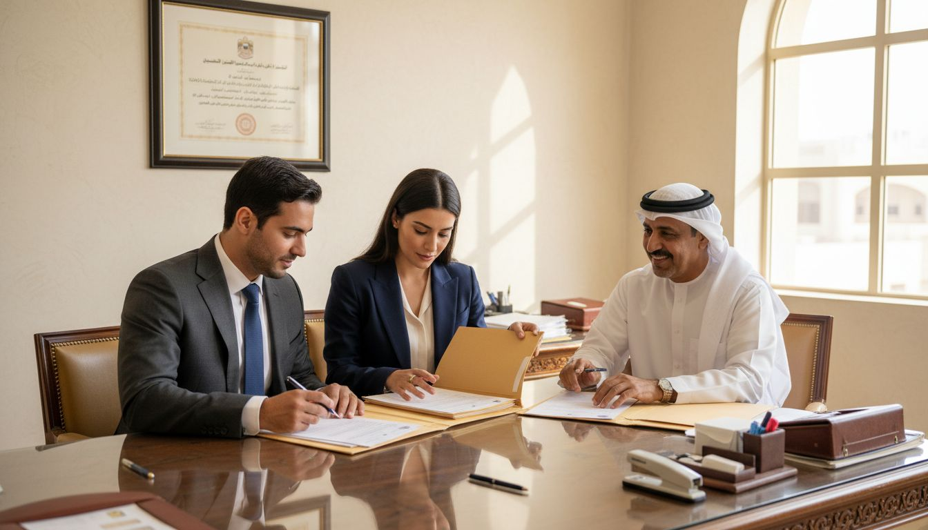 Couple reviewing marriage certificate documents in UAE office