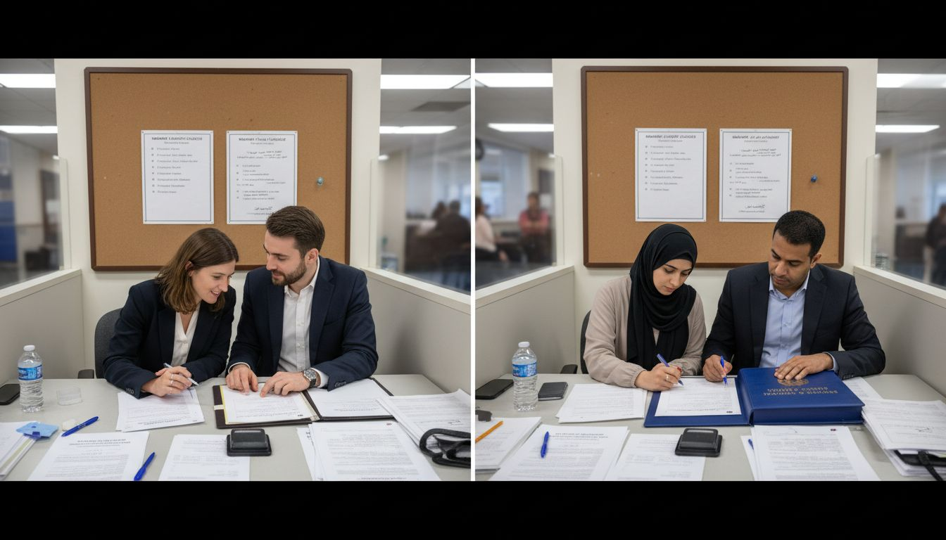 Couples comparing civil and Islamic certificate paperwork