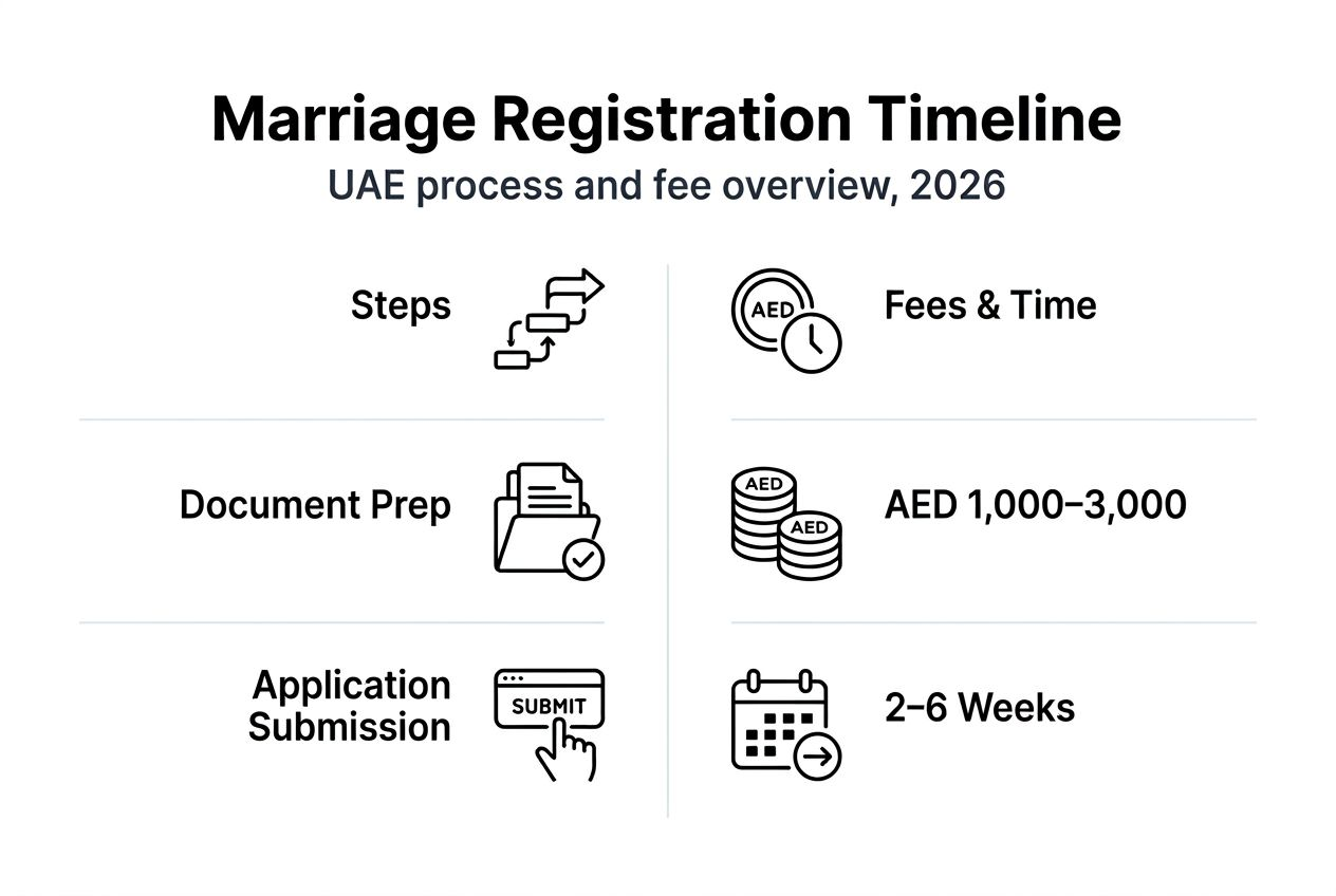 Infographic showing UAE marriage registration timeline and fees