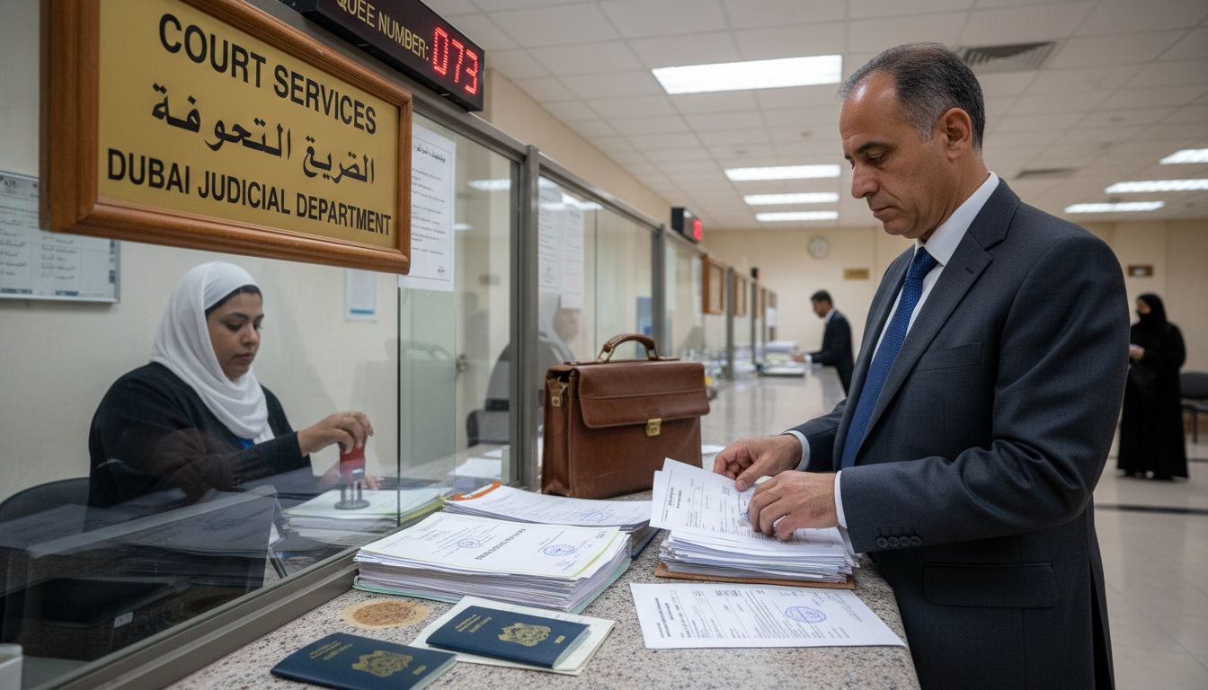 Man submitting marriage documents at UAE courthouse