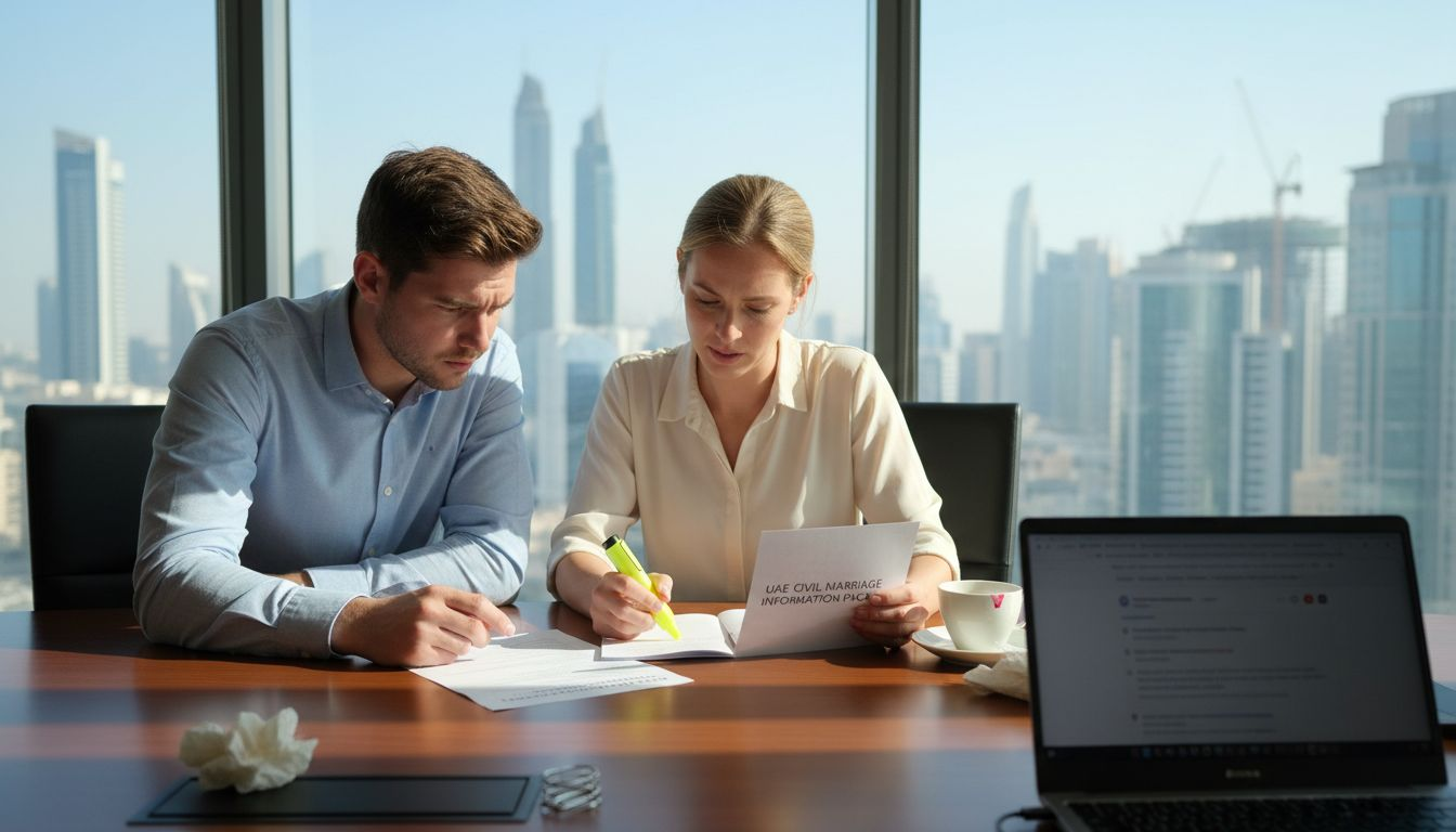 Couple reviewing UAE marriage options documents