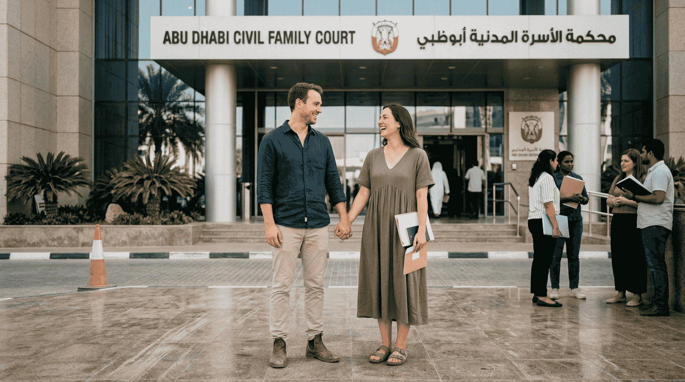 Couple outside Abu Dhabi Civil Court entrance