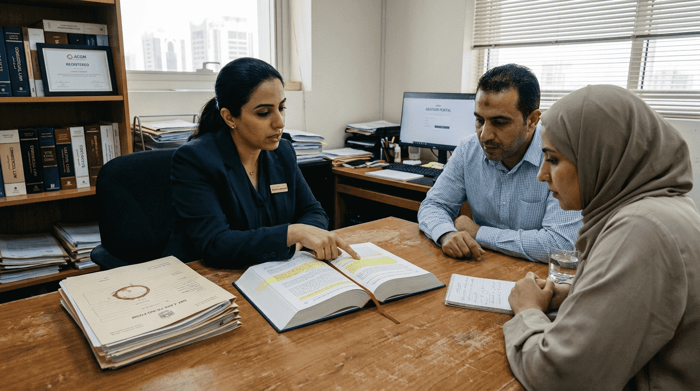 Lawyer advising couple on Abu Dhabi marriage rules