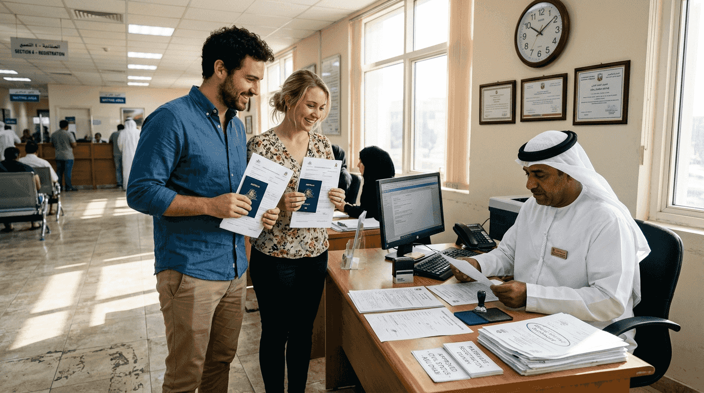 Couple at Abu Dhabi civil marriage office desk