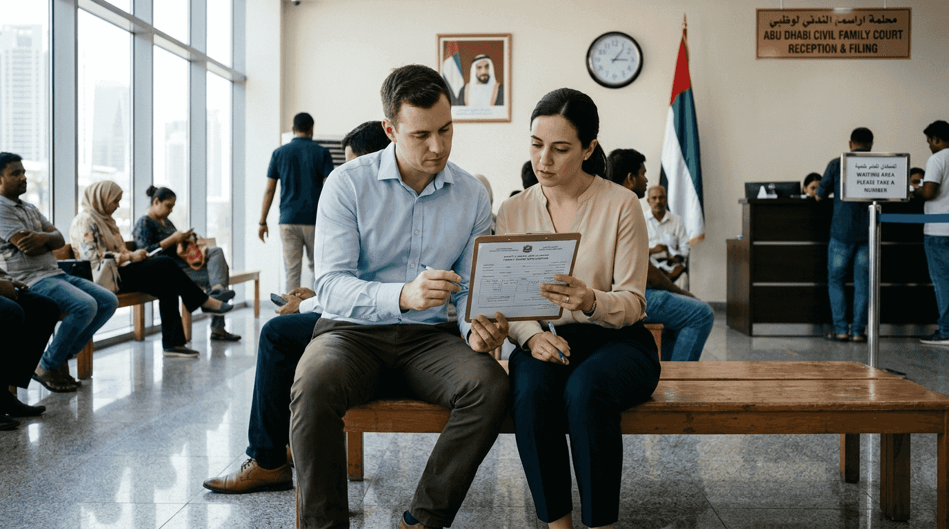 Couple reviewing marriage forms in UAE court