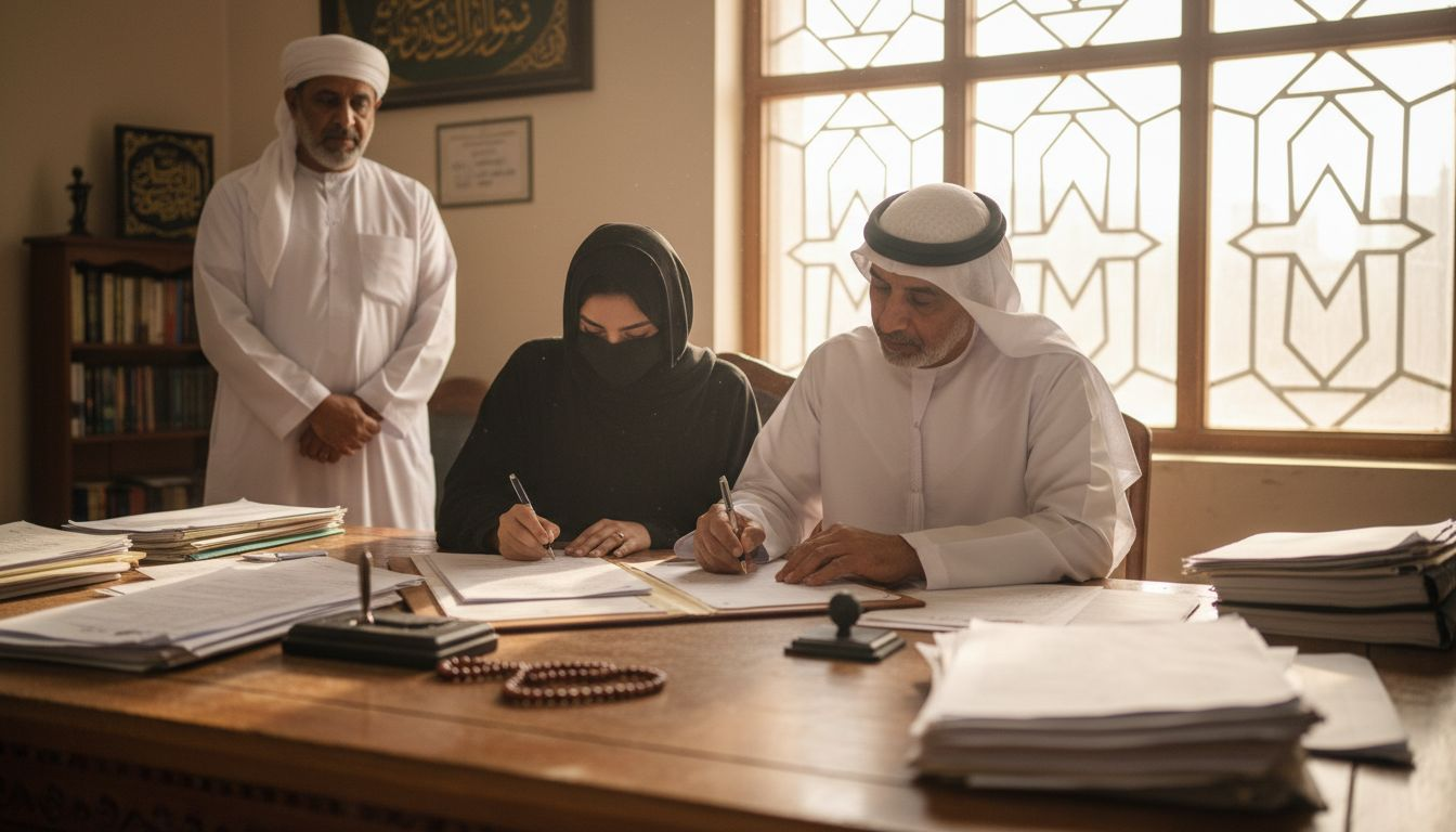 Bride and groom signing Islamic marriage contract